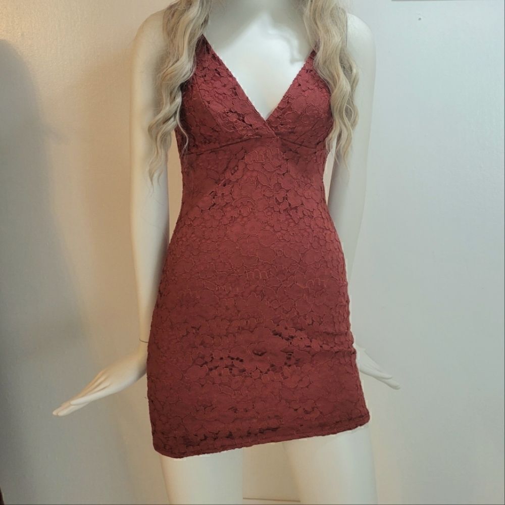 Topshop Burnt Orange Lace Mini Dress - Picture 1 of 7